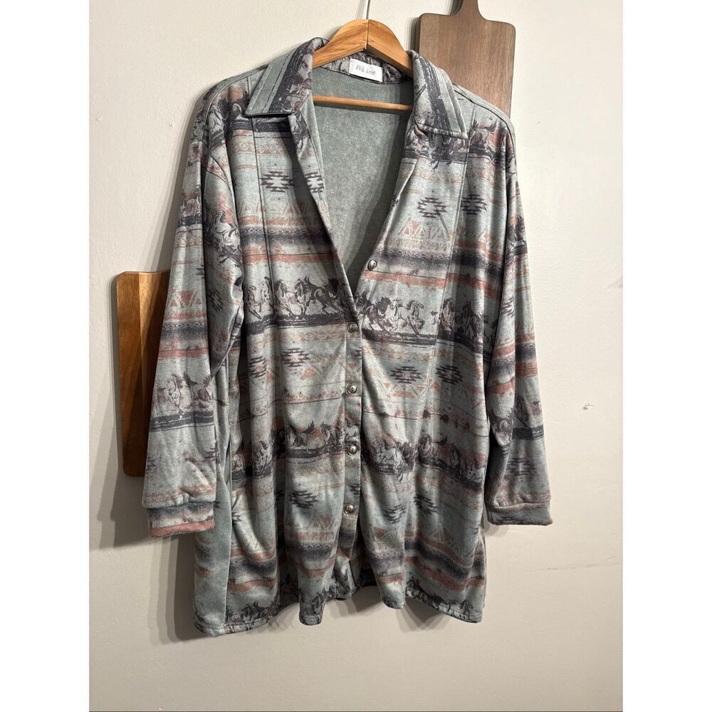 Phil Love Green Oversized Western Horse Print Knitted Button Up Shirt Medium